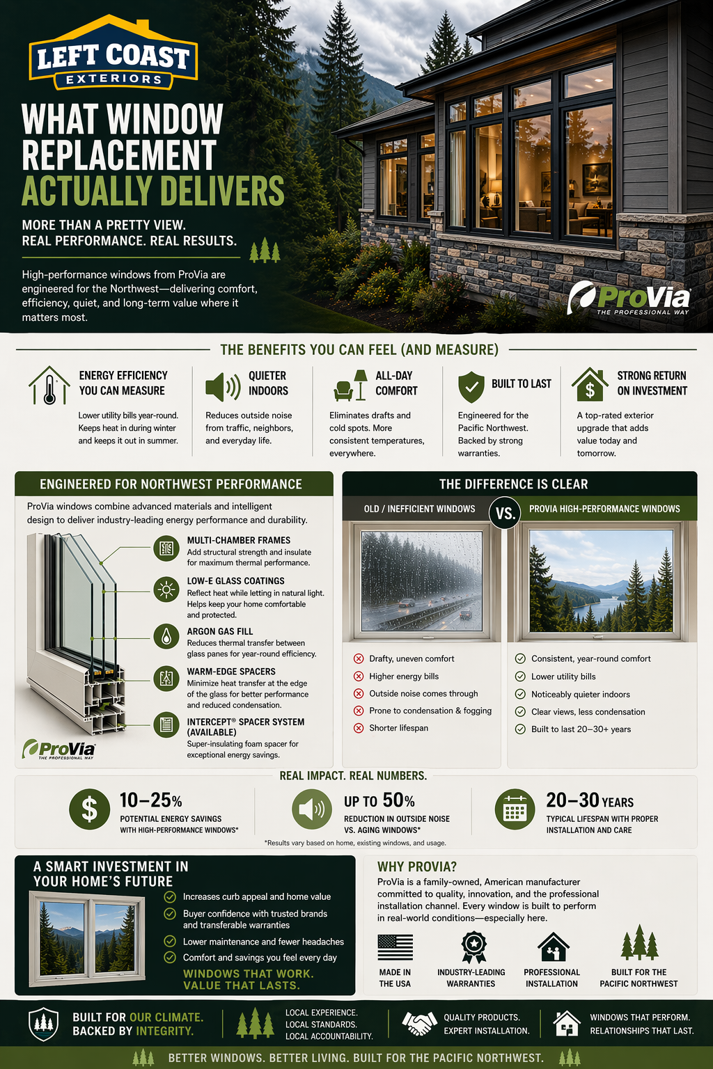 What window replacement delivers — energy savings, noise reduction, and home value infographic